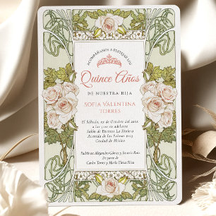 Convites Quinceañera Espanhola Verde Salvia Rosa