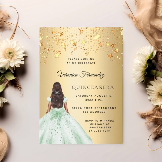 Convites Quinceanera - estrelas de vestido de ouro verde (Criador carregado)