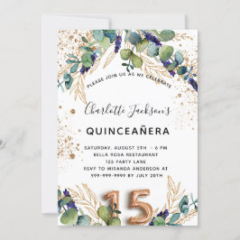 Convites Quinceanera eucalyptus greenery glitter elegante