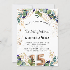 Convites Quinceanera eucalyptus greenery glitter elegante