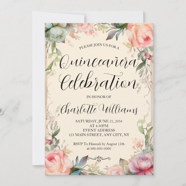 Convites Quinceañera Fairytale 15 Floral Aniversário (Frente)
