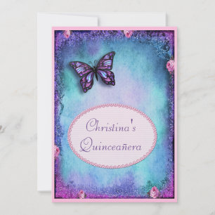 Convites Quinceañera Faux Glitter, Borboleta, Rosas e renda