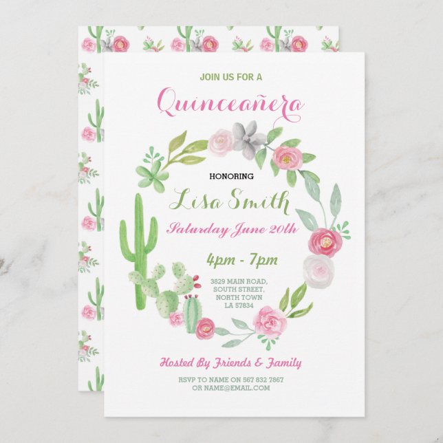 Convites Quinceanera Festa de aniversário Fiesta Cactus Con (Frente/Verso)