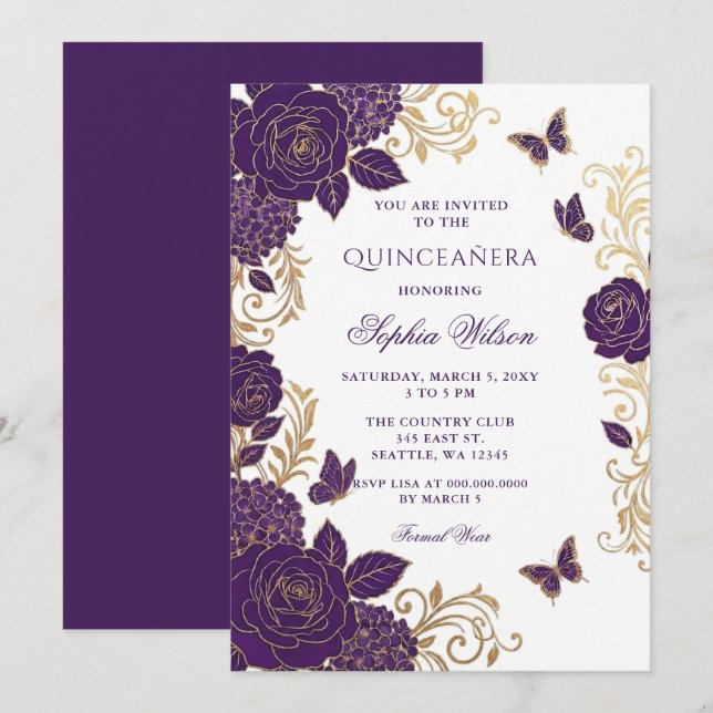Convites Quinceañera Flor de Borboleta Dourada Roxa (Frente/Verso)