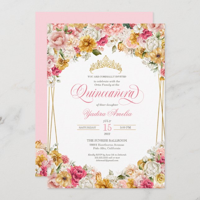Convites Quinceanera Floral Amarelo-Esbranquiçada Escamosa  (Frente/Verso)