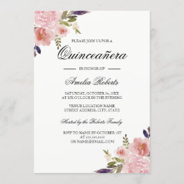 Convites Quinceanera Floral Aquarela Pêonias Rosa Púrpura