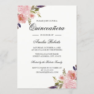 Convites Quinceanera Floral Aquarela Peônias Rosa Roxo
