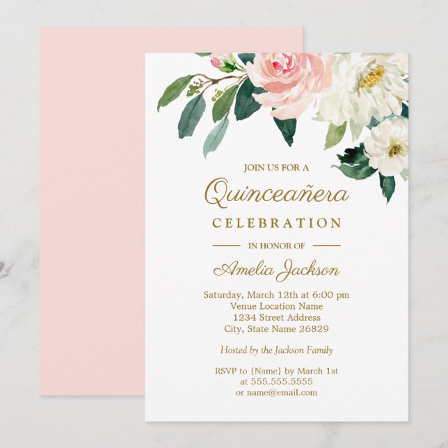Convites Quinceanera Floral Aquarela Rosa (Frente/Verso)