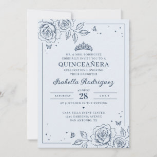 Convites Quinceañera Floral Azul Desbotado