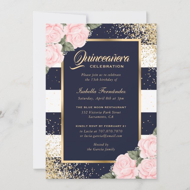 Convites Quinceañera Floral Azul-Dourada Elegante (Frente)