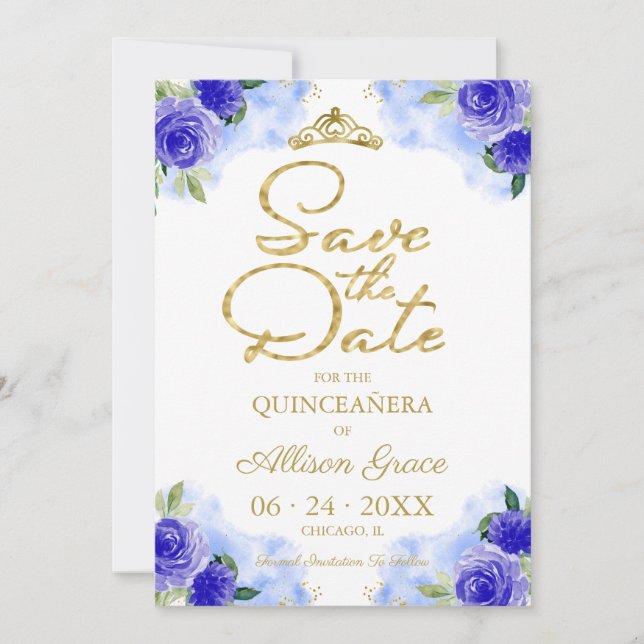 Convites Quinceanera Floral Azul Dourada Salva A Data (Frente)