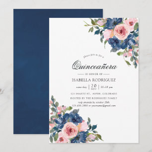 Convites Quinceañera Floral Azul Marinho e Aquarela