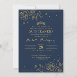 Convites Quinceañera Floral Azul Marinho e Dourado