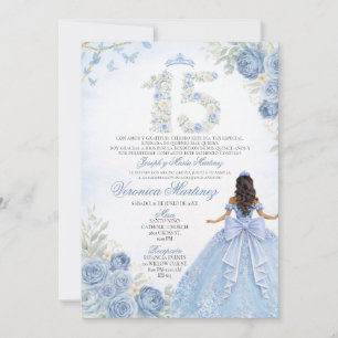 Convites Quinceañera Floral Azul Princesa Elegante