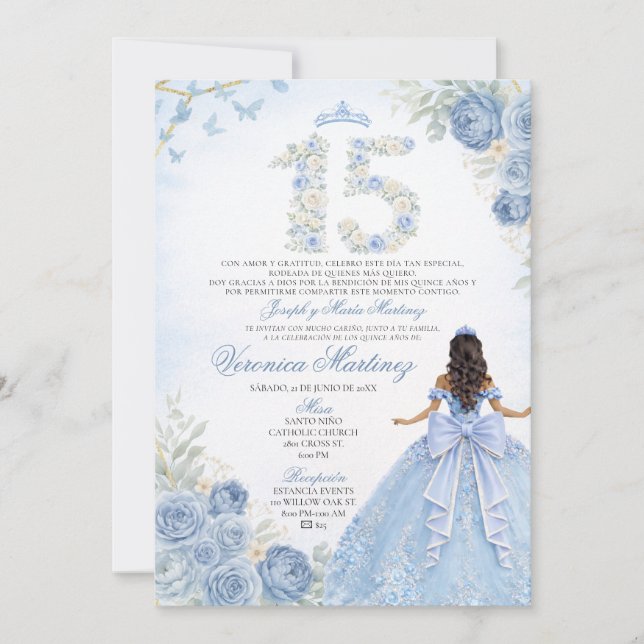 Convites Quinceañera Floral Azul Princesa Elegante (Frente)