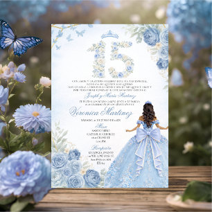 Convites Quinceañera Floral Azul Princesa Elegante