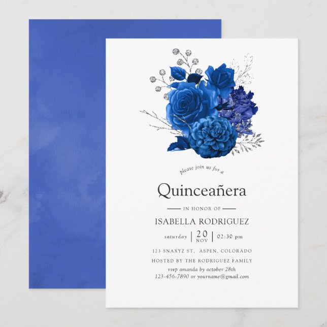 Convites Quinceañera Floral Azul Real e Prata (Frente/Verso)