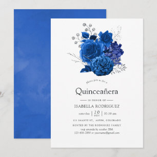 Convites Quinceañera Floral Azul Real e Prata
