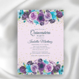 Convites Quinceañera Floral Azul Roxo Dourado Brilhante 