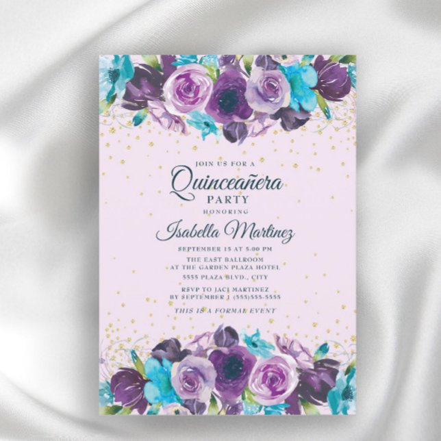 Convites Quinceañera Floral Azul Roxo Dourado Brilhante  (Criador carregado)