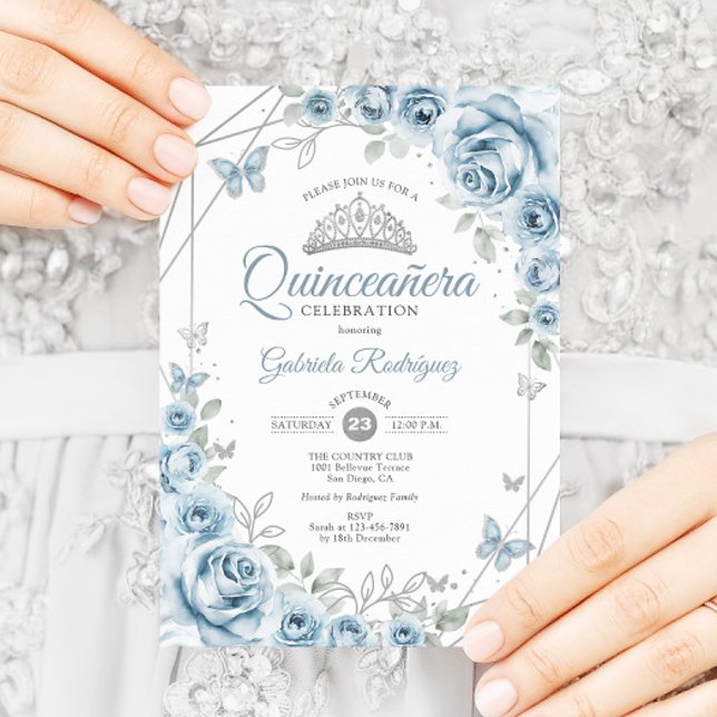 Convites Quinceanera Floral Baby Blue Silver (Criador carregado)