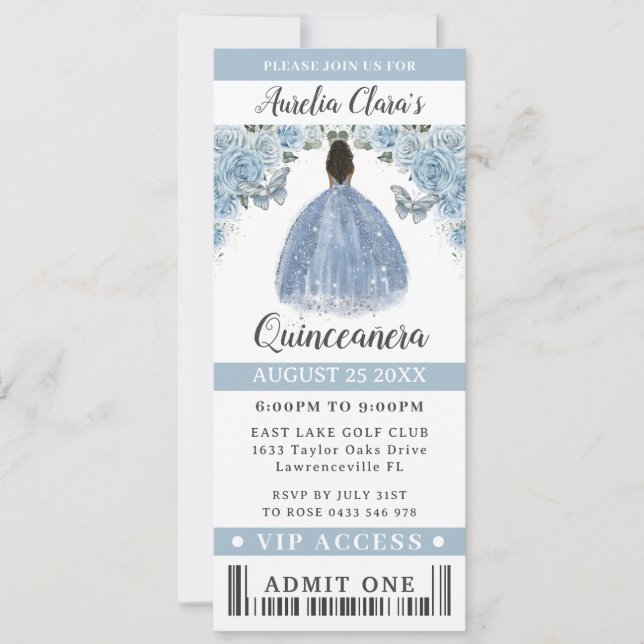 Convites Quinceanera Floral Bebê Azul Doce 16 Bilhete VIP (Frente)