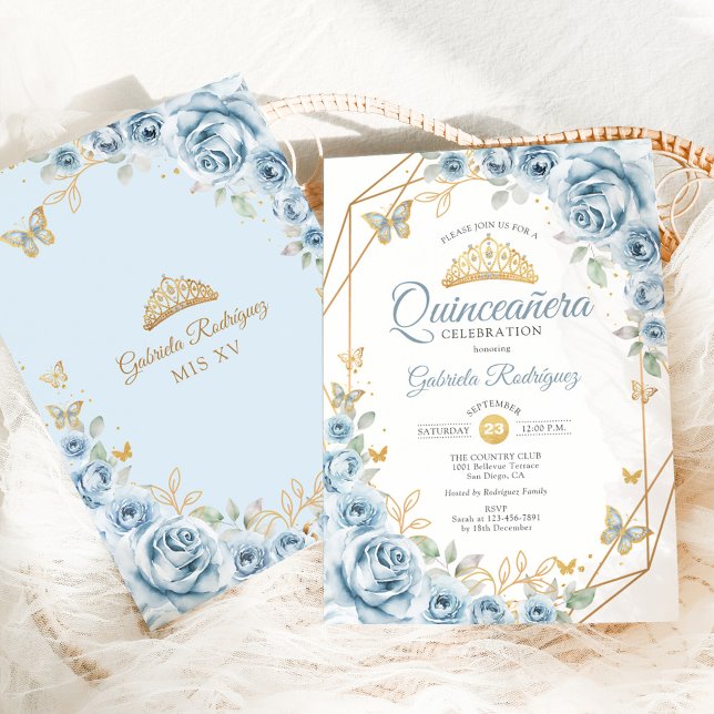 Convites Quinceanera Floral Bebê Azul Dourado (Criador carregado)