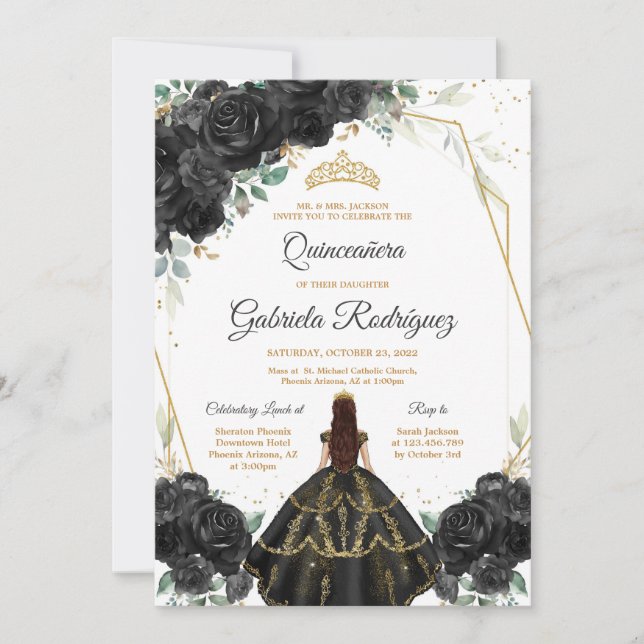 Convites Quinceanera Floral Black Gold Invitation (Frente)