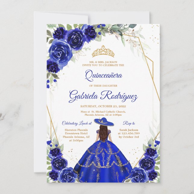 Convites Quinceanera Floral Blue Gold Invitation (Frente)