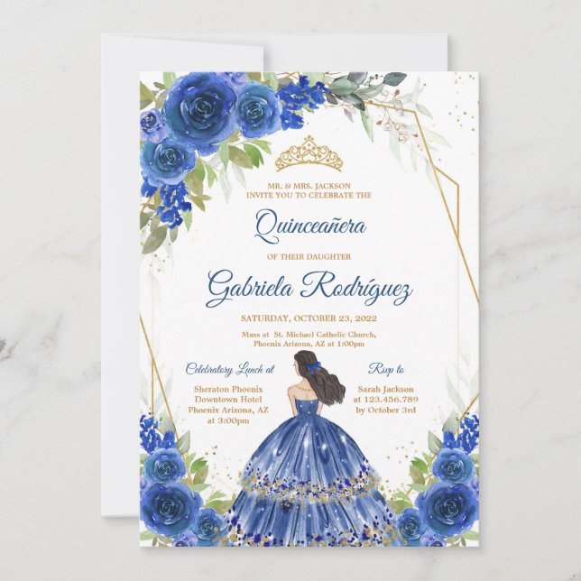 Convites Quinceanera Floral Blue Gold Invitation (Frente)