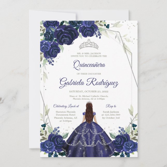 Convites Quinceanera Floral Blue Silver Invitation (Frente)