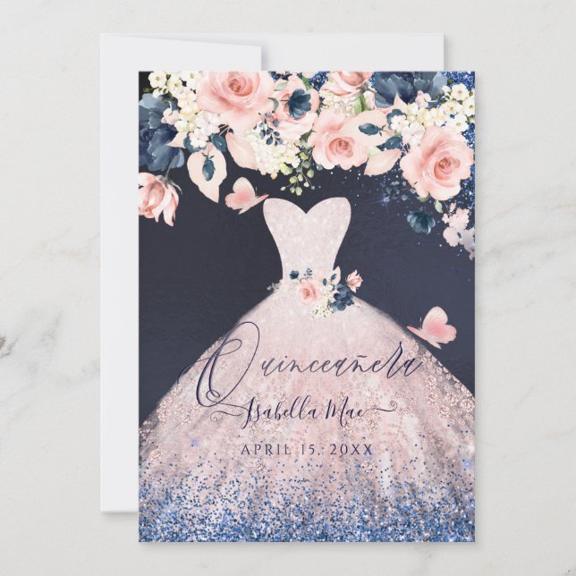 Convites Quinceanera Floral Blush Glitter Marinho Azul (Frente)