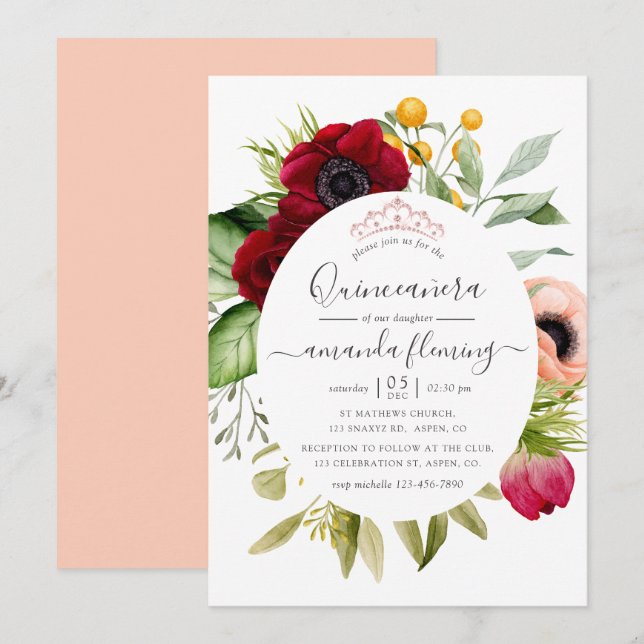 Convites Quinceañera Floral Boho Aquarela (Frente/Verso)