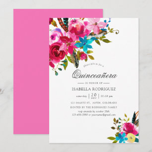 Convites Quinceañera Floral Boho Chic Aquarela Rosa