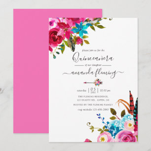 Convites Quinceañera Floral Boho Chic Aquarela Rosa
