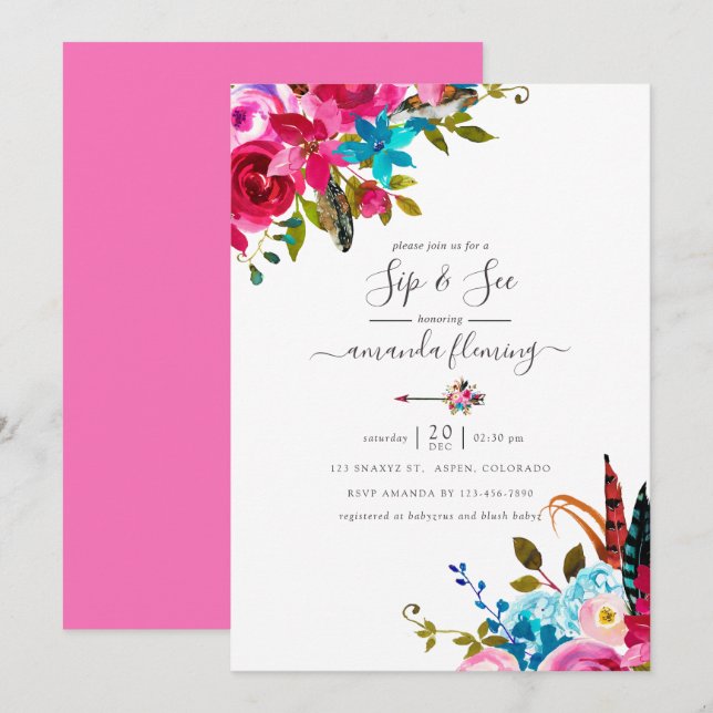 Convites Quinceañera Floral Boho Chic Aquarela Rosa (Frente/Verso)