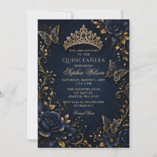 Convites Quinceañera Floral Borboleta Dourada Marinho