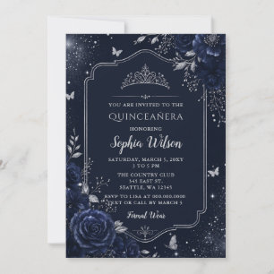 Convites Quinceañera Floral Borboleta Prata Azul-Marinho