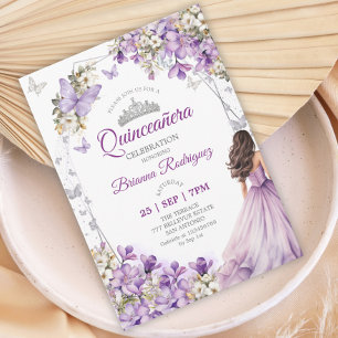 Convites Quinceañera Floral Borboleta Prata Roxa
