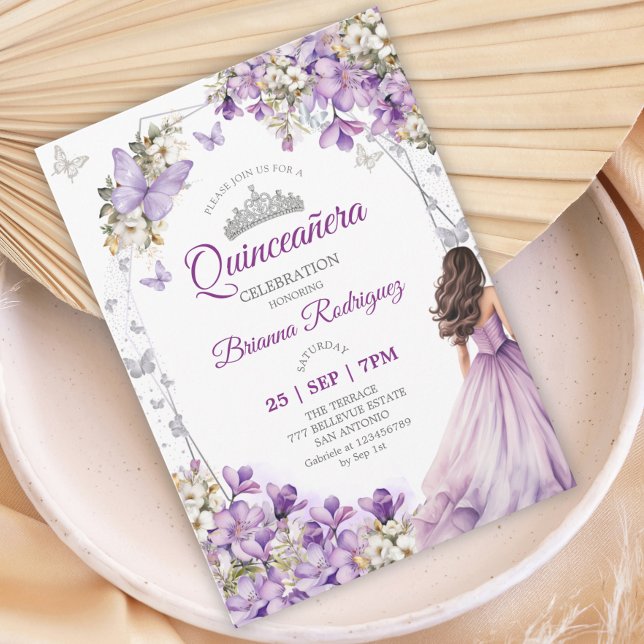 Convites Quinceañera Floral Borboleta Prata Roxa (Criador carregado)