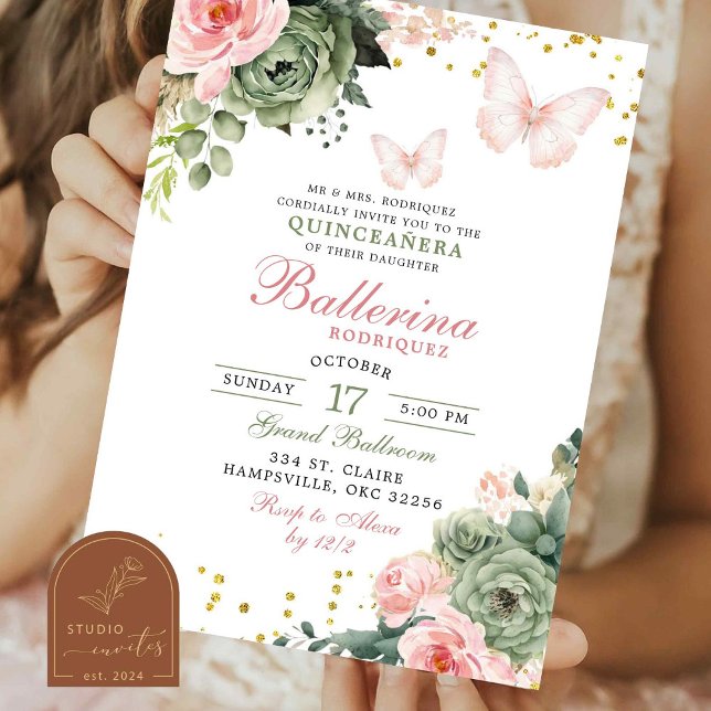Convites Quinceanera Floral Borboleta Rosa Choque (Criador carregado)