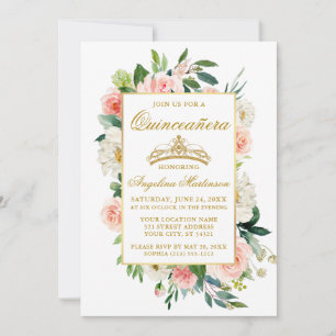 Convites Quinceanera Floral Branco Cor-de-Água Rosa Dourada