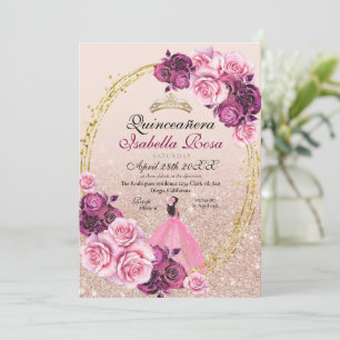Convites Quinceanera Floral Cinzenta, Dourada, Rosa, XV Año