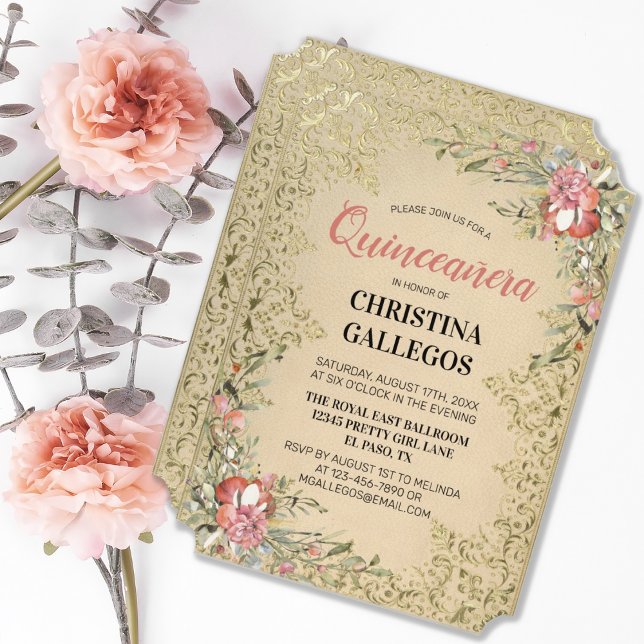 Convites Quinceanera Floral Clássica Vintage Dourada Rosa (CLASSIC VINTAGE GOLD PINK FLORAL QUINCEANERA INVITATION)
