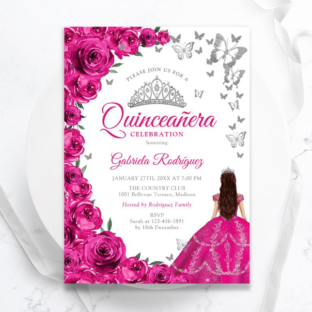 Convites Quinceanera Floral Cor-de-Água Fuchsia Rosa (Criador carregado)