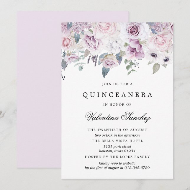 Convites Quinceanera Floral Cor de Água Púrpura Rosa Esbran (Frente/Verso)