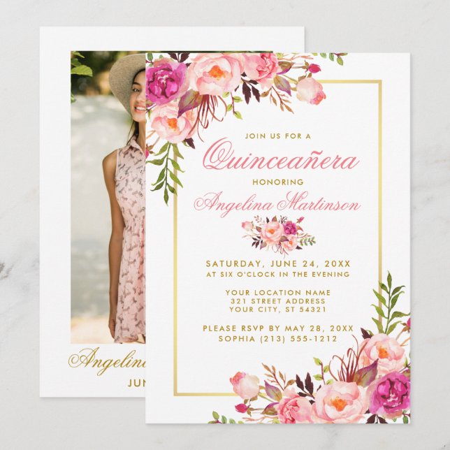 Convites Quinceanera Floral Cor de Água Rosa Dourada (Frente/Verso)