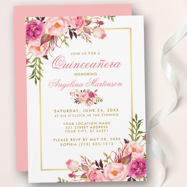 Convites Quinceanera Floral Cor de Água Rosa Dourada (Customize to change text color, style, add text & photos to back or change color of back of card.)
