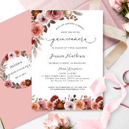 Convites Quinceañera Floral Cor-de-Água Rosa Elegante