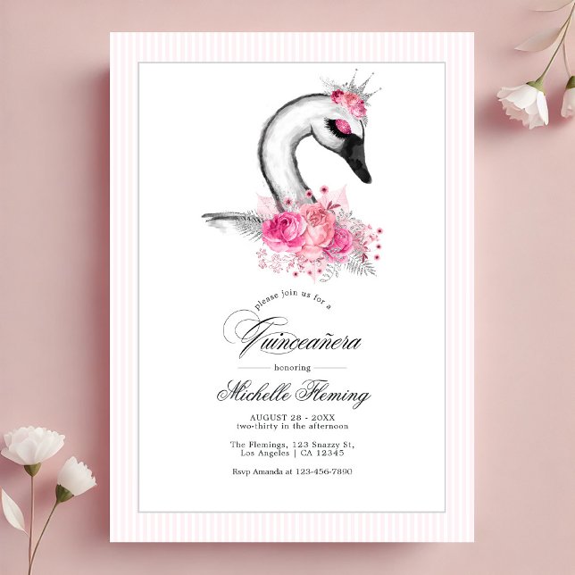 Convites Quinceañera Floral Cor-de-Rosa Branca (White Swan Pink Floral Quinceañera Photo Invitation)